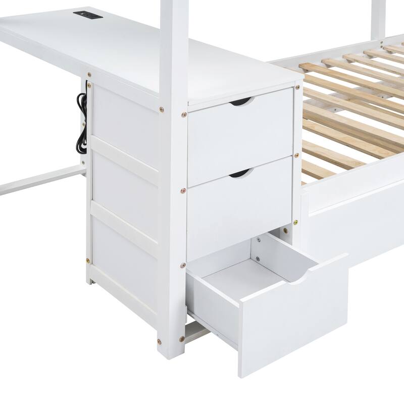Twin-Over-Twin Bunk Bed with Trundle, Storage, Desk, USB Ports, White