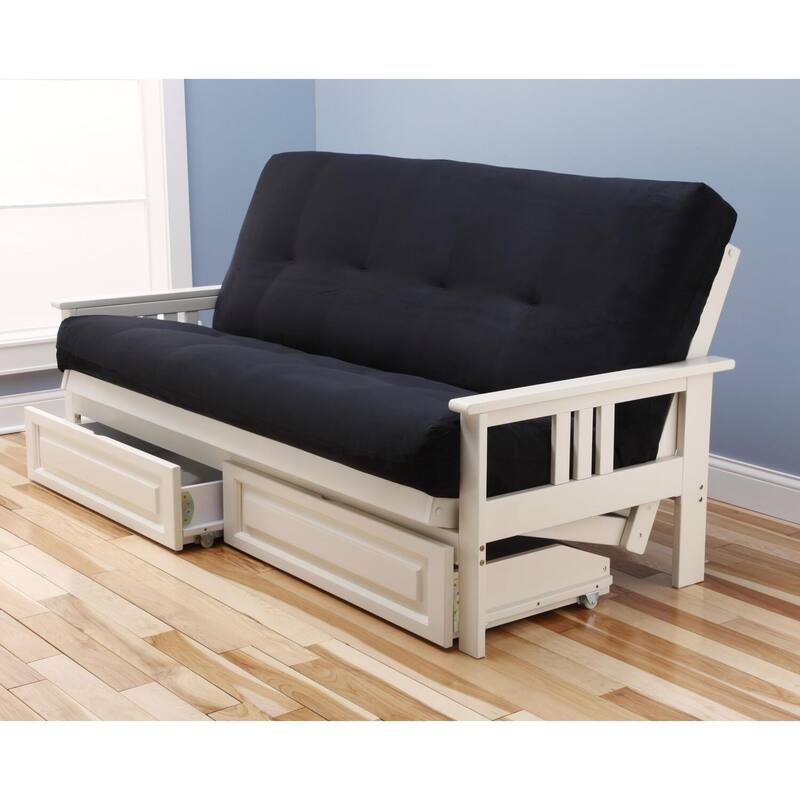 79 in. Antique White/Suede Black Polyester Upholstered Full Size Futon Set with Mattress and Storage Drawers
