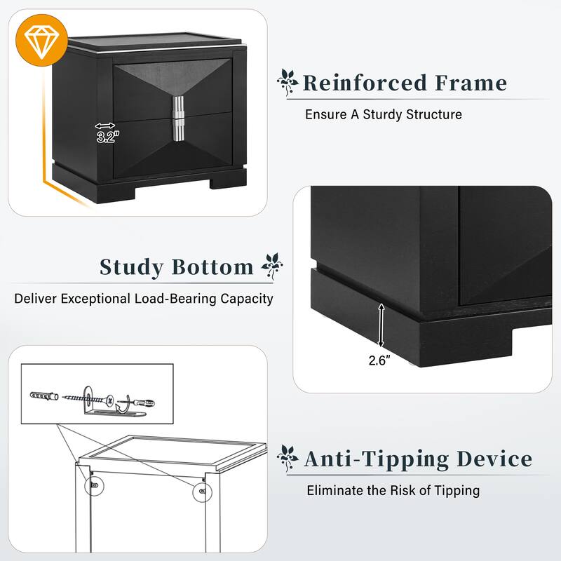 Mid-Century Modern 2-Drawer Diamond Wood End Table with Storage - Black