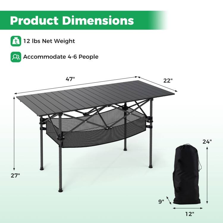 Aluminum Patio Folding Camping Table with Bag and Mesh Basket - 47" x 22" x 27" (L x W x H)
