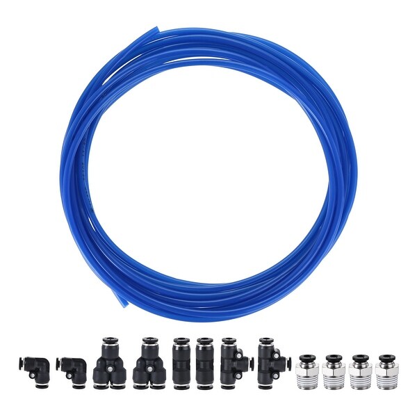 Pneumatic PU Tubing Kit 4mm OD 10M Black 12 Pcs Blue Push to Connect Fittings 