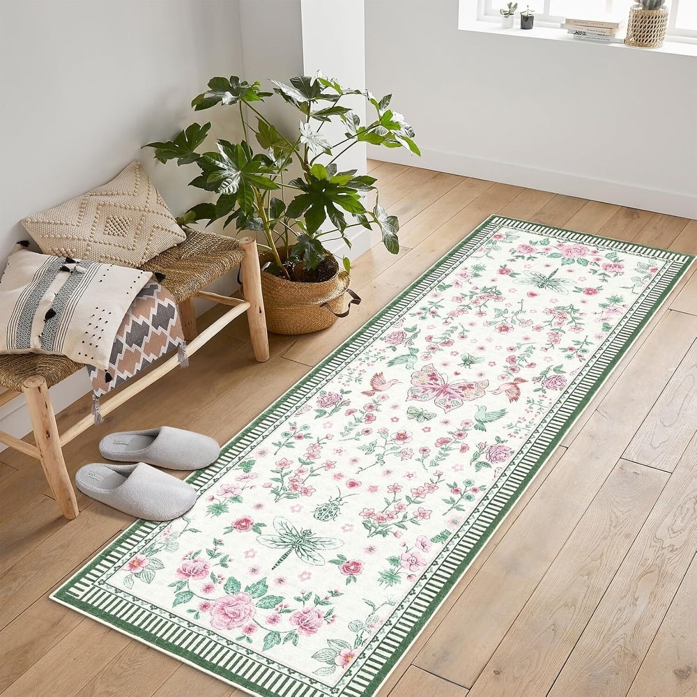 Modern Floral Machine Washable Indoor Waterproof Area Rug for Bedroom, Living Room, Pink - 2' x 3'
