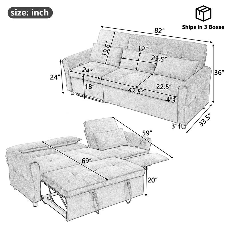2-in-1 Reversible Recliner Sofa, Sofa Bed with USB Charging, Pull-Out Sleeper Sofa with Adjustable Backrest