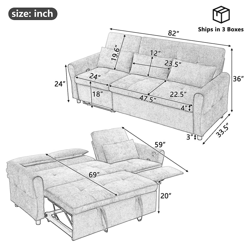 2-in-1 Sleeper Sofa Bed, 3 Seater Sectional Sofa with Pull Out Bed, Reversible Recliner Sofa with Pillows and USB Port