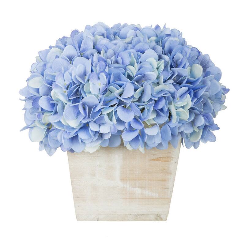 Faux Hydrangea in White Washed Wood Cube Planter