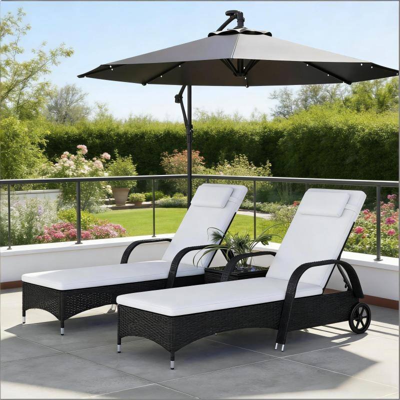 GDFStudio - Outdoor PE Rattan Chaise Lounge Set with Table and Reclining Seats - Black,Cream White
