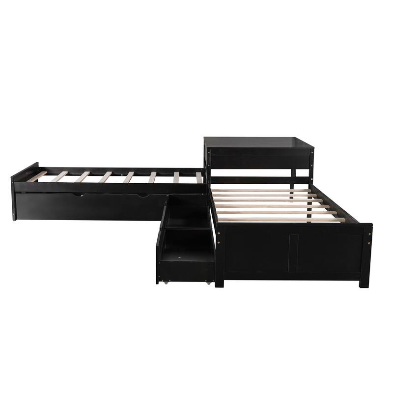 Twin Size Platform Bed with Built-in Desk and Drawers Linked, L-Shaped Trundle, Wooden Support Bed Frame No Box Spring Needed
