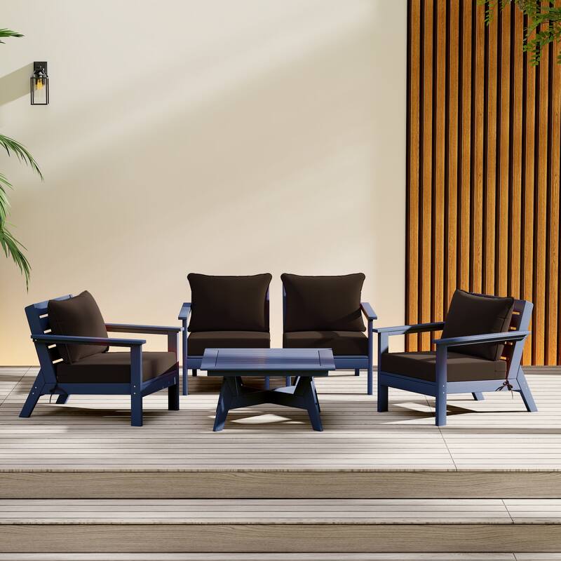 Birchwood All Weather HDPE Outdoor Patio Navy Blue Deep Seating Conversation Set (5-Piece Set) - Navy Blue/Brown