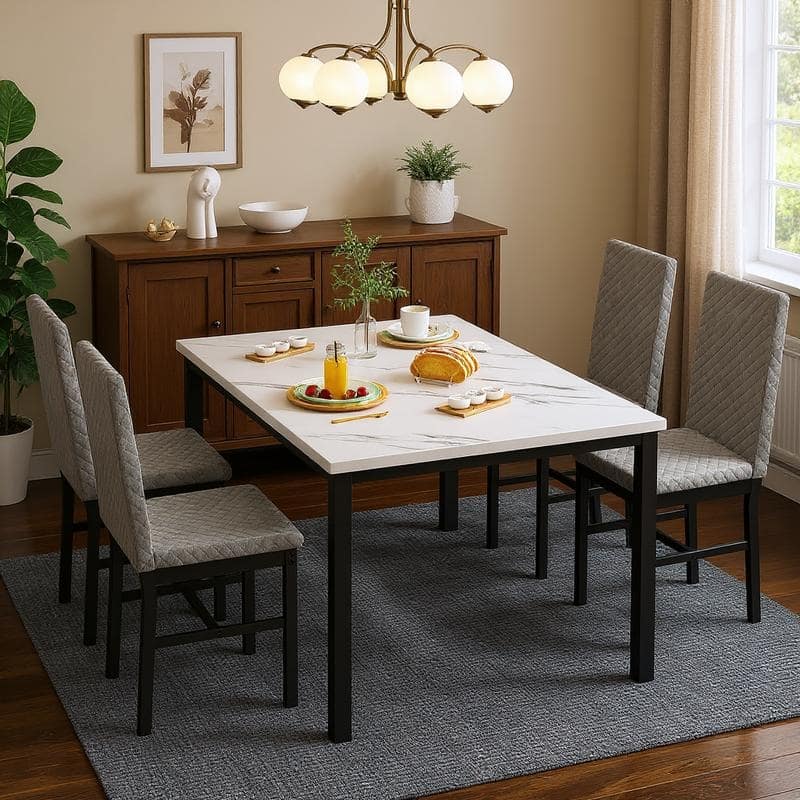 Grondin 5-Piece Dining Room Table Set with Faux Marble Table Top and Diamond Stitching Velvet Upholstery Dining Chairs