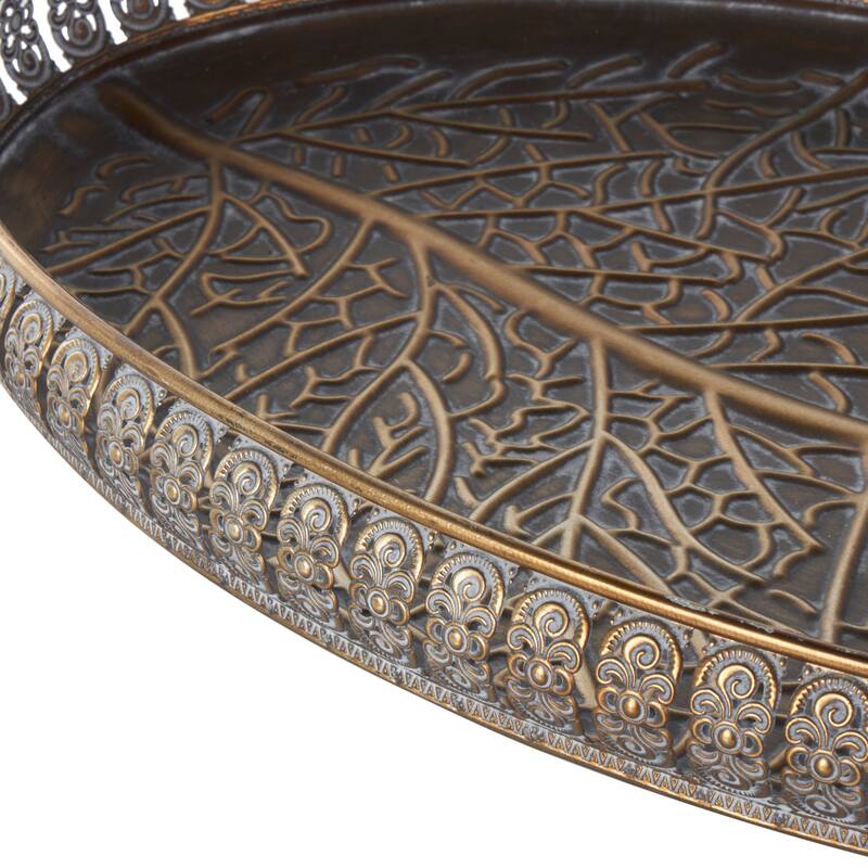 Brass Metal Ornate Oval Scroll Living Room Decor Tray with Tree Patterned Interior (Set of 2)
