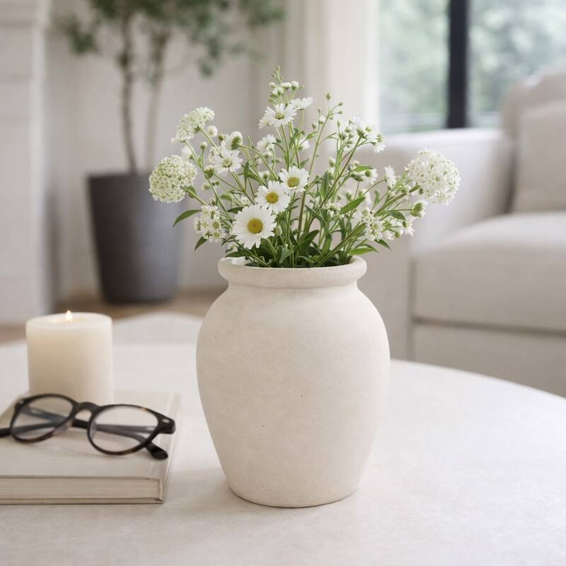 Decorative Round Pottery Vase - Rustic Boho Flower Vase
