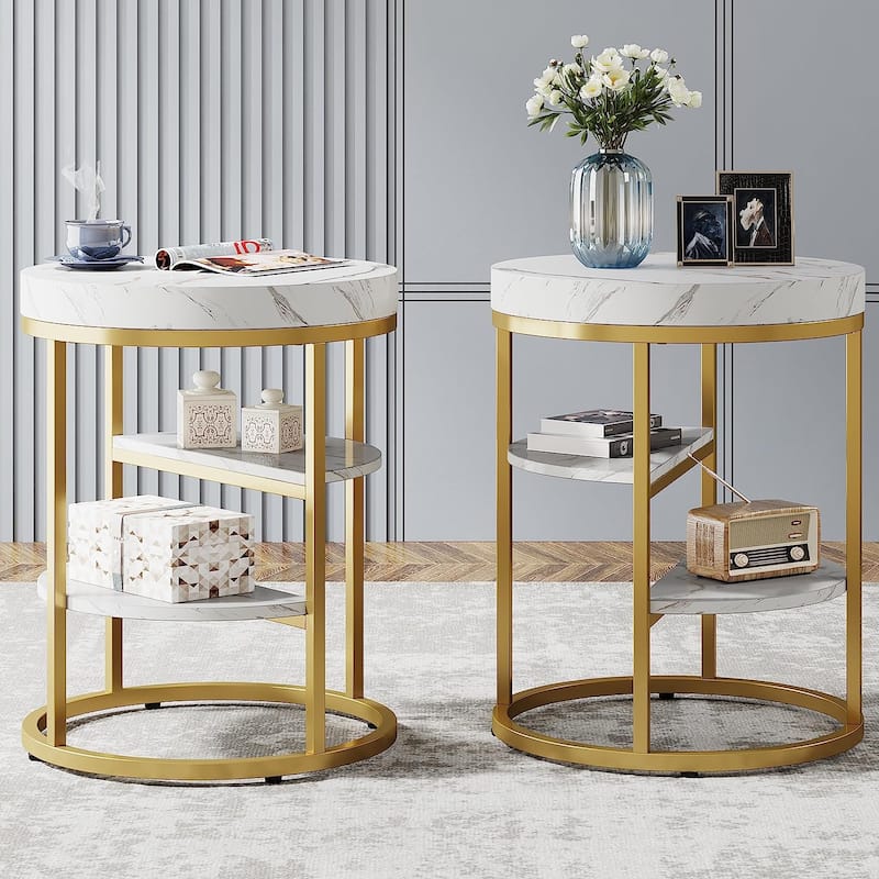 Round End Table, 3 Tiers Side Table with Storage for Living Room