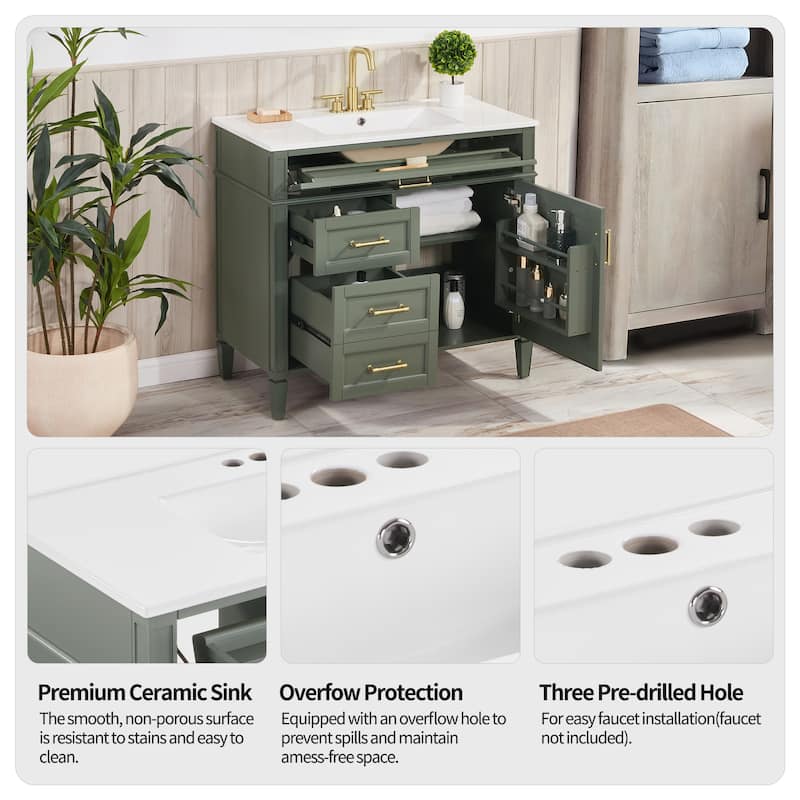 Modern 36" Freestanding Bathroom Vanity Cabinet Wood Frame with Ceramic Sink and Divided Drawers