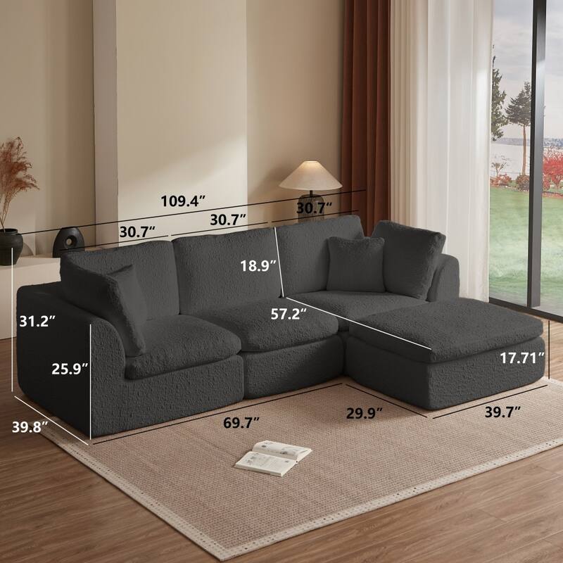 110" Convertible L-Shape 3-Seater Cloud Sectional Sofa with Ottoman