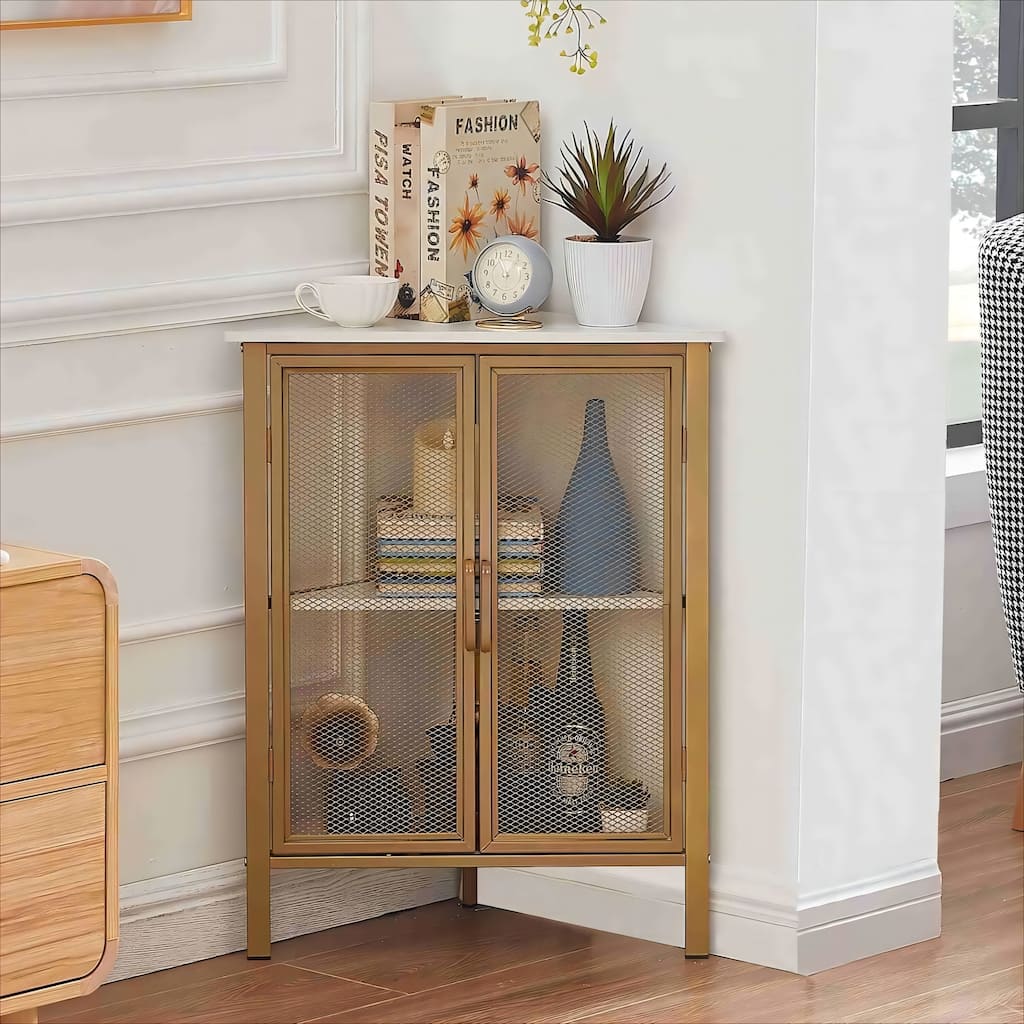 Industrial 3-Tier Triangle Corner End Table Multi-Functional Storage Table with 2 Mesh Cabinet Doors for Living Room Bedroom