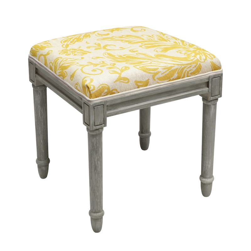 Mustard Tuscan Floral Vanity Stool with distressed Grey Frame