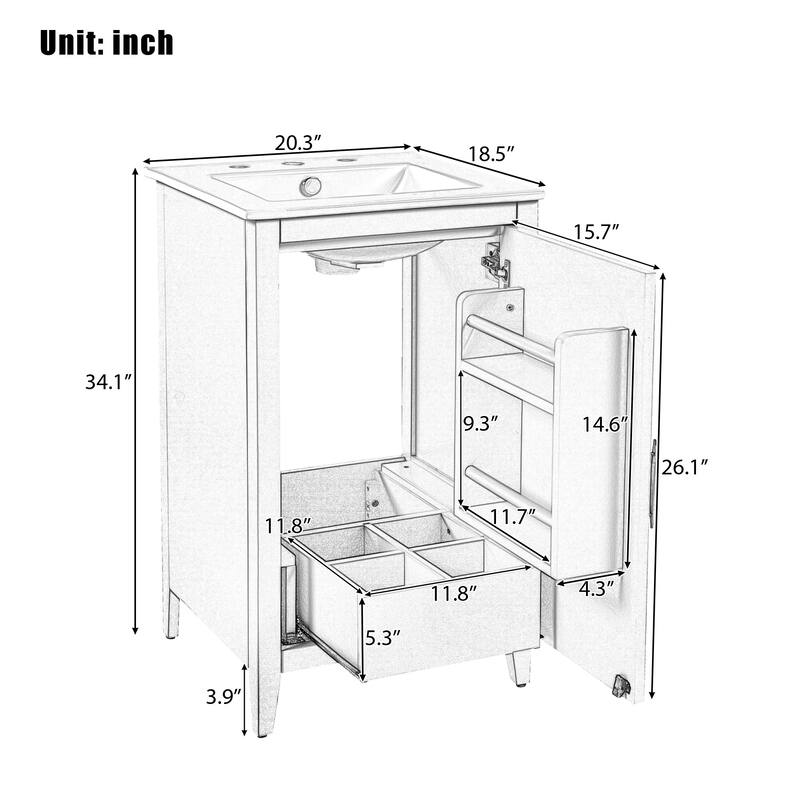 20.3" Freestanding Bathroom Vanity with Ceramic Sink, Soft-Close Door, Cabinet and Drawer Storage