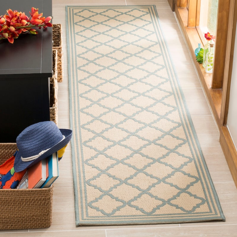 SAFAVIEH Linden Carolynn Indoor/ Outdoor Patio Backyard Rug - 2'2" x 8' Runner - Cream/Aqua