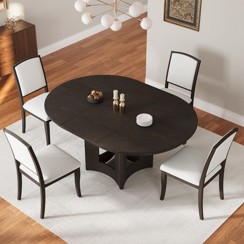 Farmhouse 5-Piece Extendable Round Dining Table Set with 4 Upholstered Chairs for Compact Living Spaces