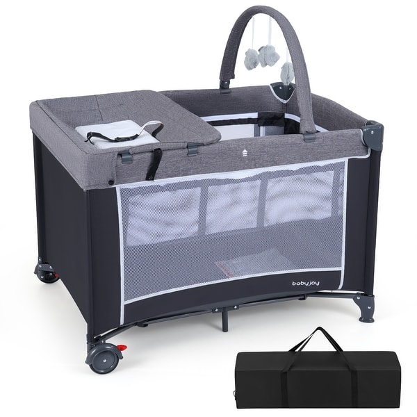 slide 2 of 10, Gymax 3 in 1 Pack & Play w/ Toy Bar Diaper Changing Table w/ Safety Grey
