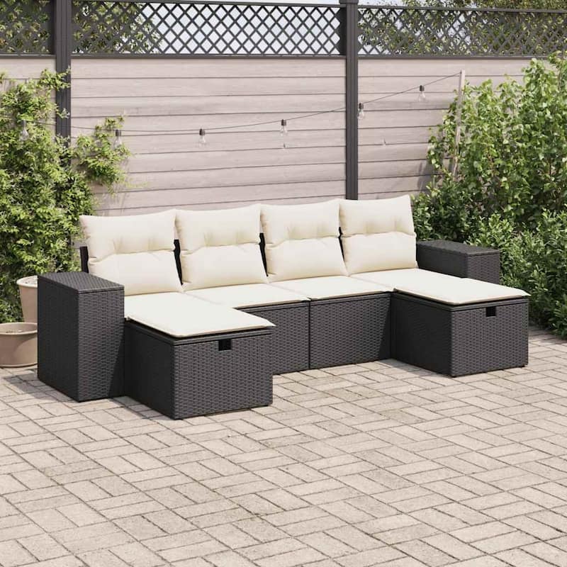 vidaXL Patio Sofa Set with Cushions Outdoor Furniture 6 Piece Poly Rattan - Black and cream Medium
