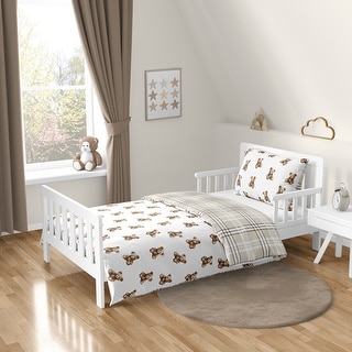 Sweet Jojo Designs Boho Teddy Bear Boy, Girl, Gender Neutral 5-peice Toddler-size Comforter Set -Taupe Plaid & Brown, Watercolor