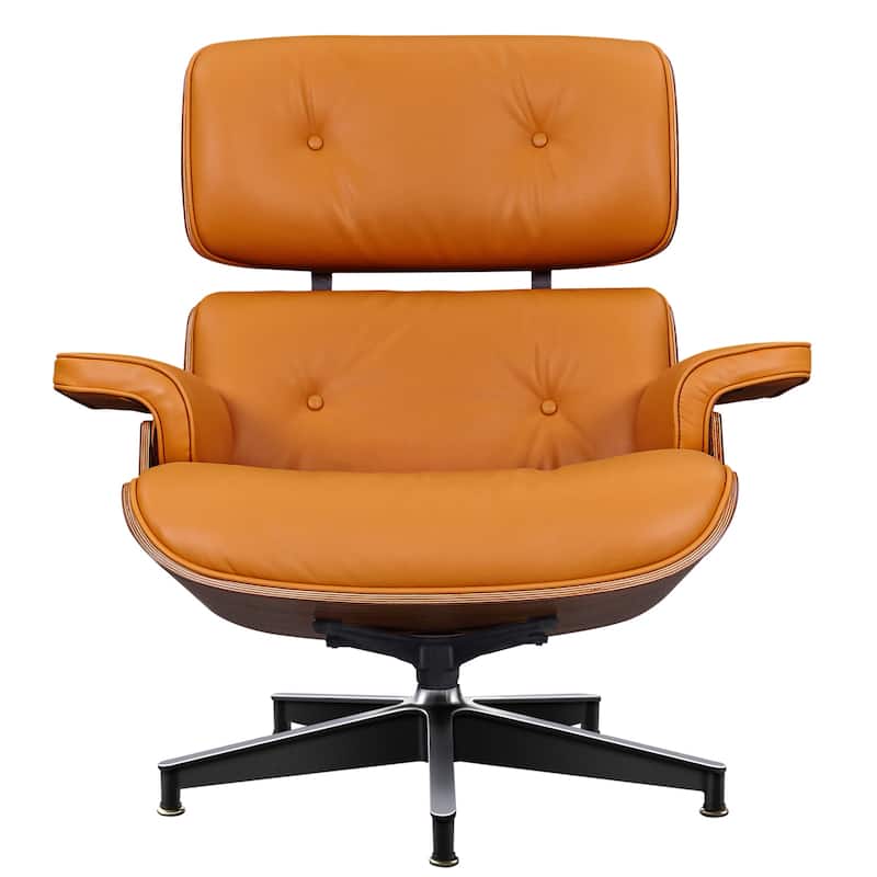 HomeRoots 28" Orange and Light Brown Tufted Genuine Leather Lounge Chair With Ottoman - 28.30 in. x 29.00 in. x 20.50 in.