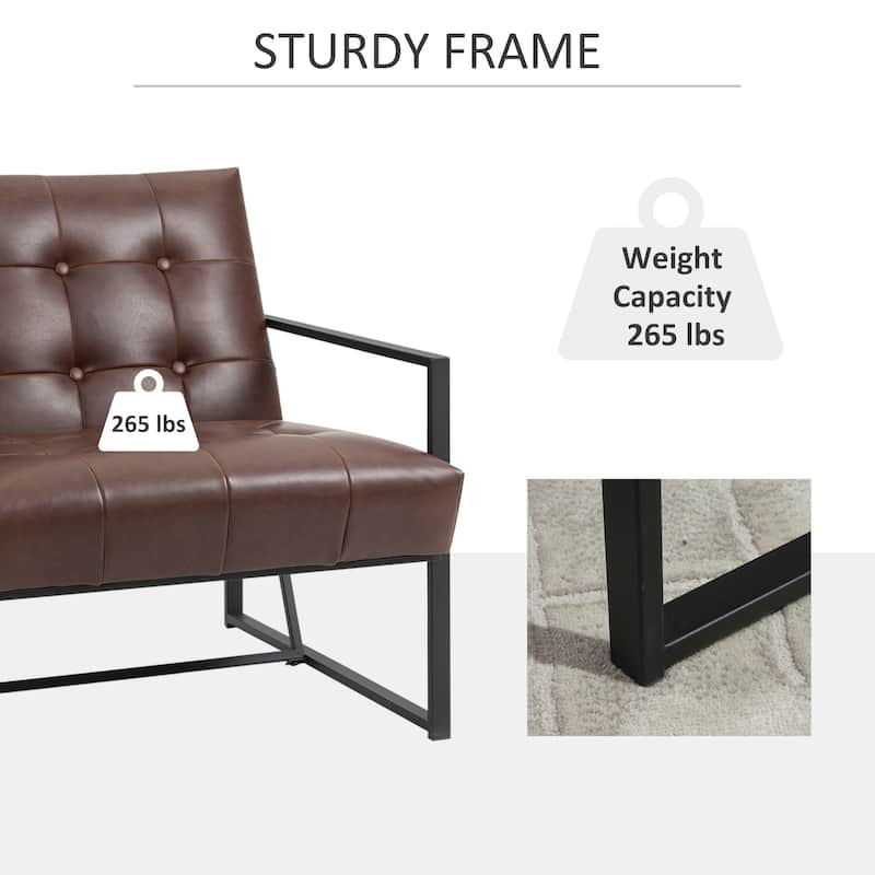 HOMCOM Mid-Century Modern Accent Chair Faux/Leather Sofa Button Tufted Armchair with Metal Frame, Brown - 24.5"x29.25"x30.75"