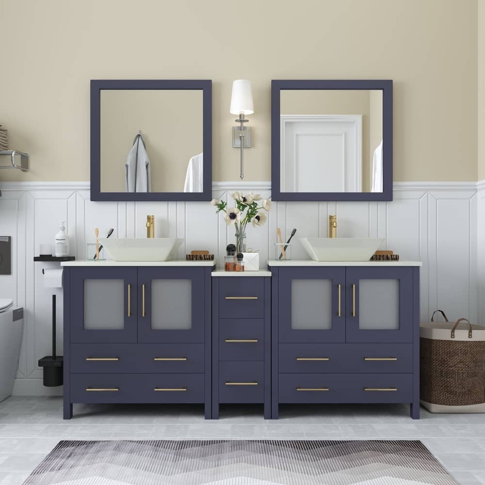 Vanity Art 72" Double Sink Bathroom Vanity Set with Engineered Marble Top Free Mirror - 72 x 18.5 x 36 Inches