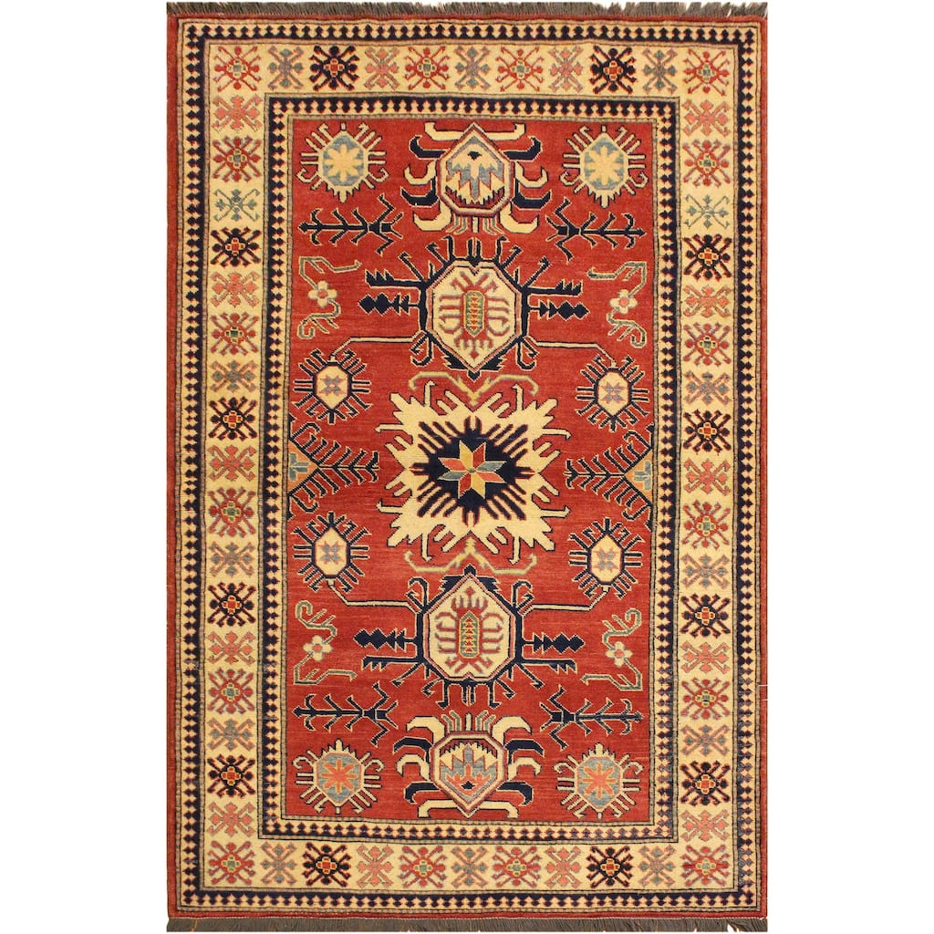 Southwestern Super Kazak Koa Rust/Beige Hand Knotted Wool Rug - 4'0'' x 6'2''