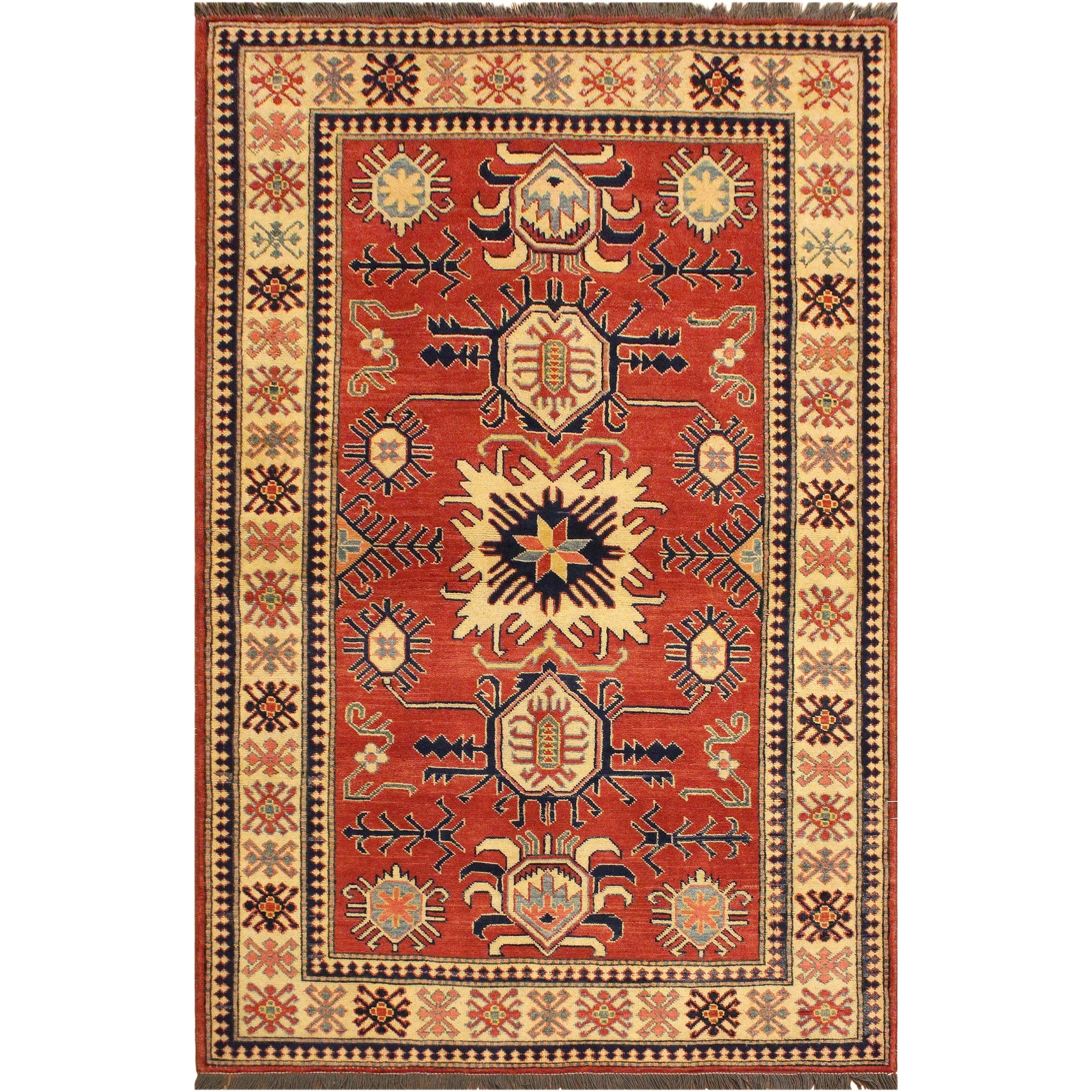 Southwestern Super Kazak Koa Rust/Beige Hand Knotted Wool Rug - 4'0'' x 6'2''