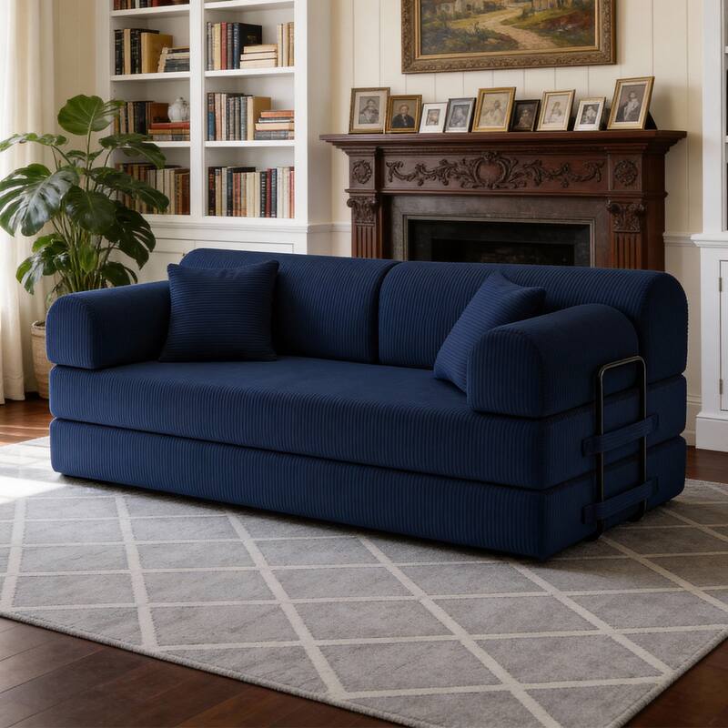 Convertible Sleeper Sofa Bed with Cylindrical Pillow, Corduroy Folding Mattress Couch with Fixed-Shape Frame for Bedroom - Blue