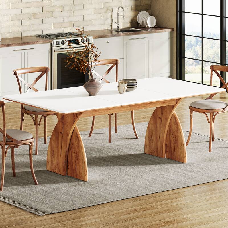 70.8'' Modern Farmhouse Dining Table Kitchen Table with Thickened Top - White & Brown