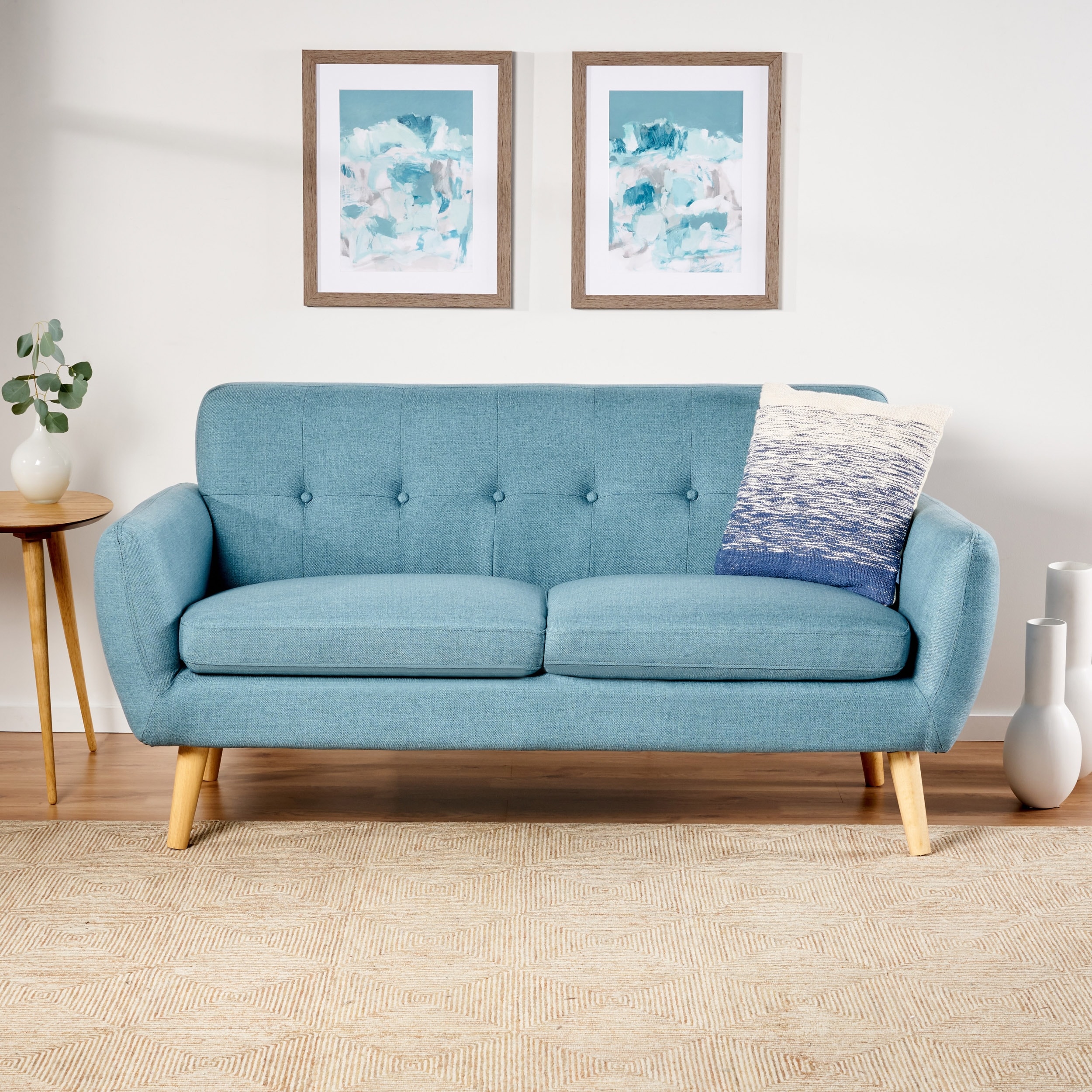 67.25" Button Tufted Loveseat with Wood Legs, Blue Sofa Couch Upholstered Settee Sofa Couch for Living Room
