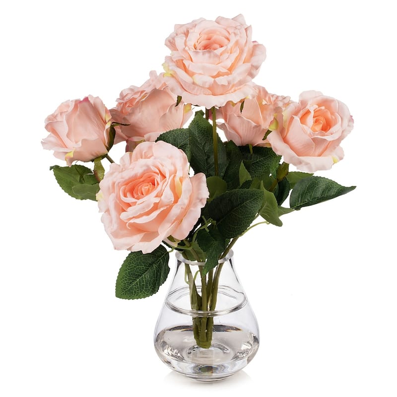 Enova Home 7 Head Artificial Silk Rose Flowers in Clear Glass Vase with Faux Water for Home Office Decoration - N/A