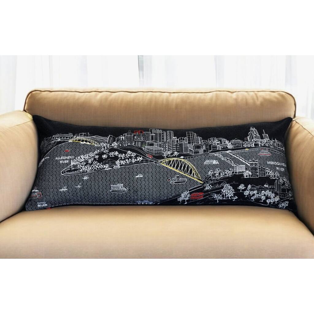 HomeRoots 35" Black Pittsburgh Nighttime Skyline Lumbar Decorative Pillow