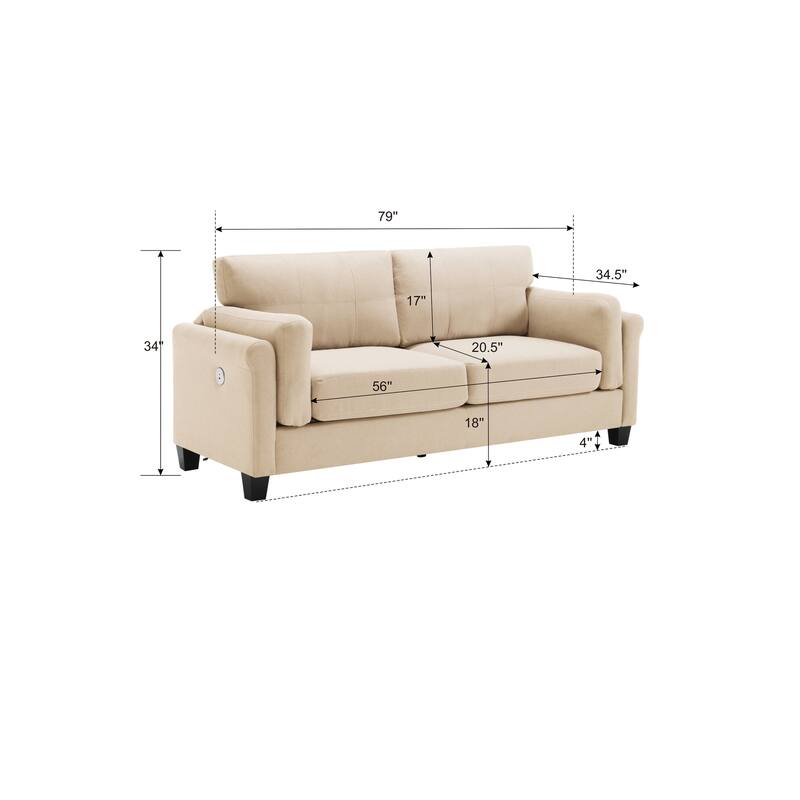 Modern 79" Button Tufted Linen Upholstered 3-seater Sofa with 2 USB Ports and Solid Square Plastic Foot