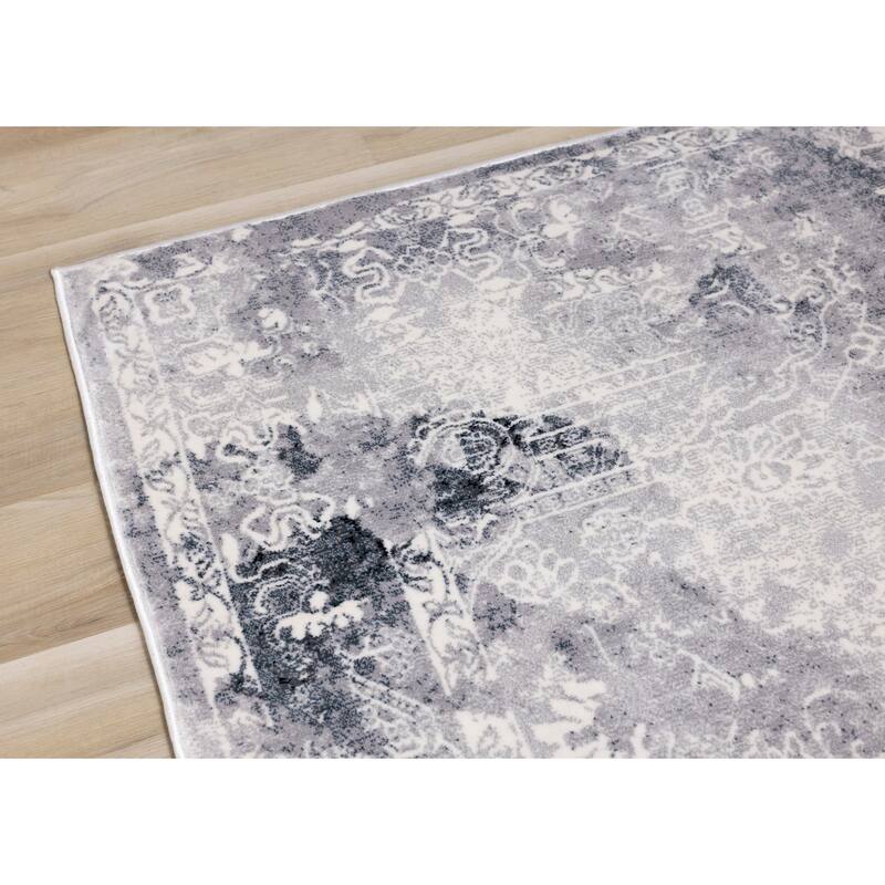 Sheffield Collection - Blue/Grey/Cream Distressed Border Rug