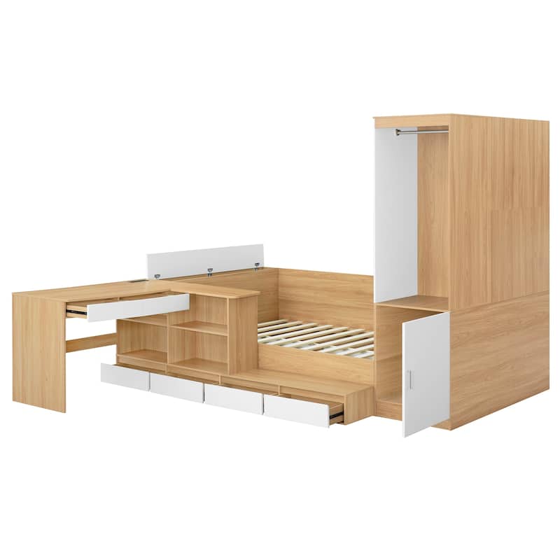 Full Size Corner Bed Frame with 6 Drawers, Wood Platform Storage Bed with Shelves and Wardrobe & Desk, Modern Floor Bed Frame
