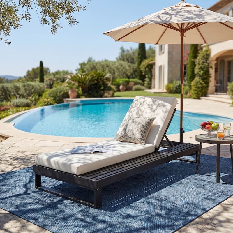 Christopher Knight Home - Modern Outdoor Acacia Wood Chaise Lounge with 4-Position Adjustable Backrest & 3-Fold Cushion - Black+Cream Cushion