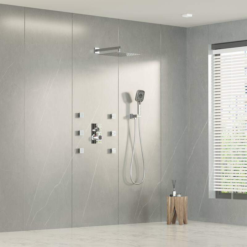 Wall Mount 12 Inch Rainfall Shower Head 3 Function Thermostatic Shower System with 6 Body Jets