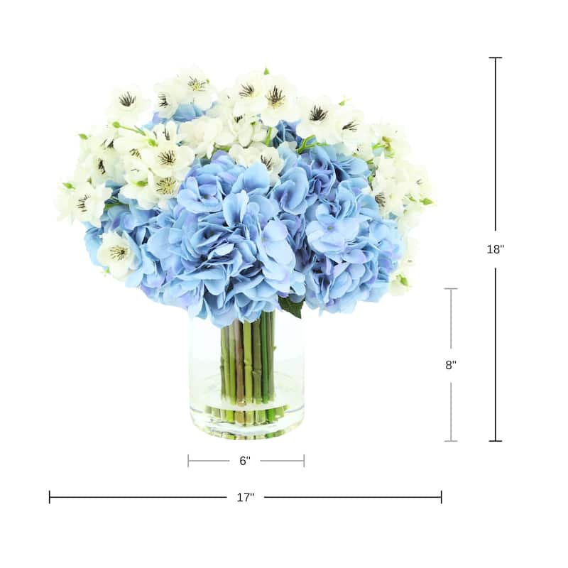 Hydrangea and Cherry Blossom Arrangement in Glass Vase