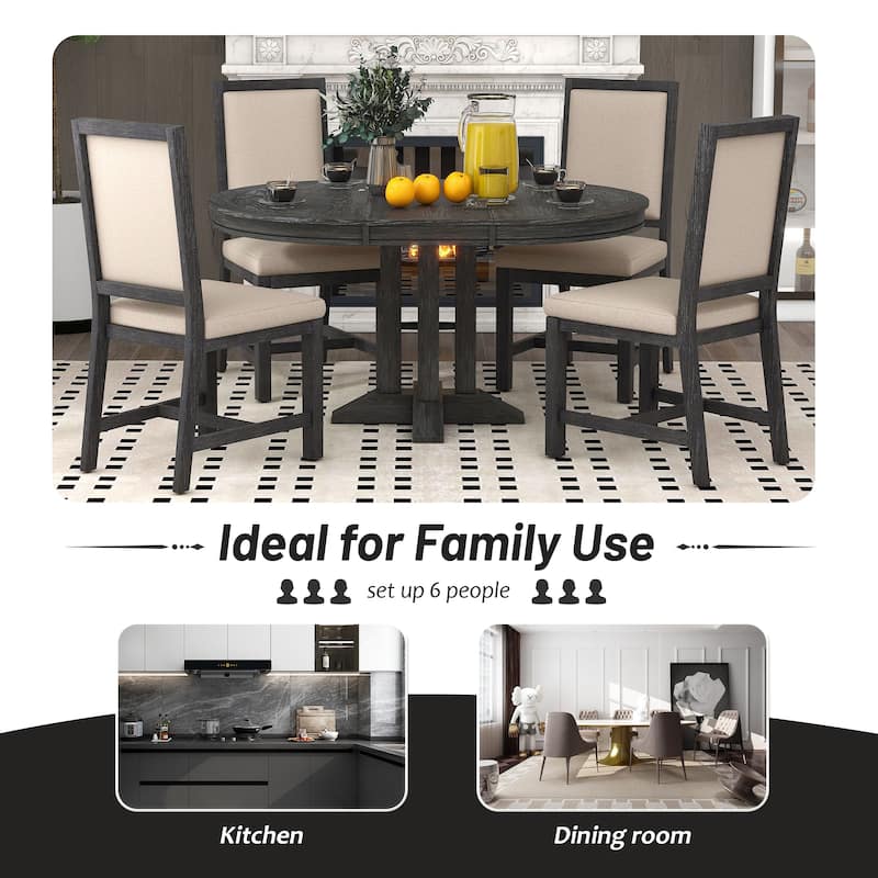 Farmhouse 5-Piece Dining Set with Extendable Round Table and 4 Upholstered Chairs for Kitchen or Dining Room