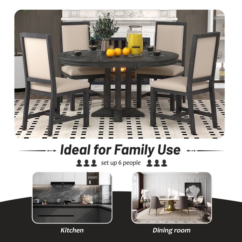 Farmhouse 5-Piece Wooden Dining Table Set with Extendable Round Table & 4 Chairs