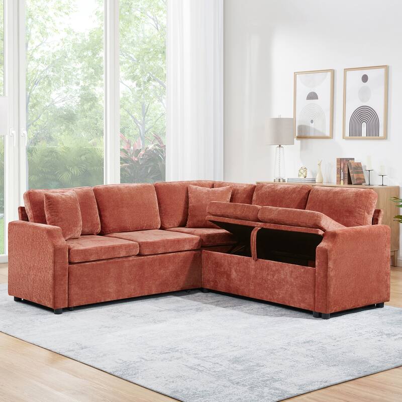 L-Shaped Sectional Sofa Bed, Chenille Upholstered Sleeper Sofa with Hidden Storage Compartment, 4 Seater Corner Sectional Sofa