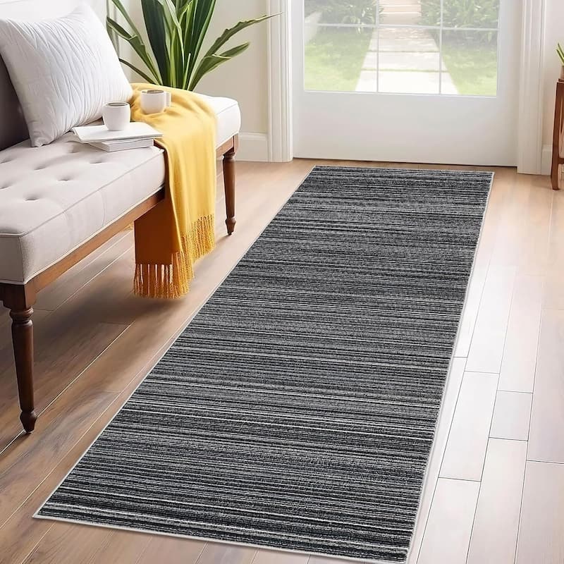 Modern Stripe Machine Washable Area Rug for Bedroom, Living Room, Black - 1'6" x 2'6" - Black 2' x 6'