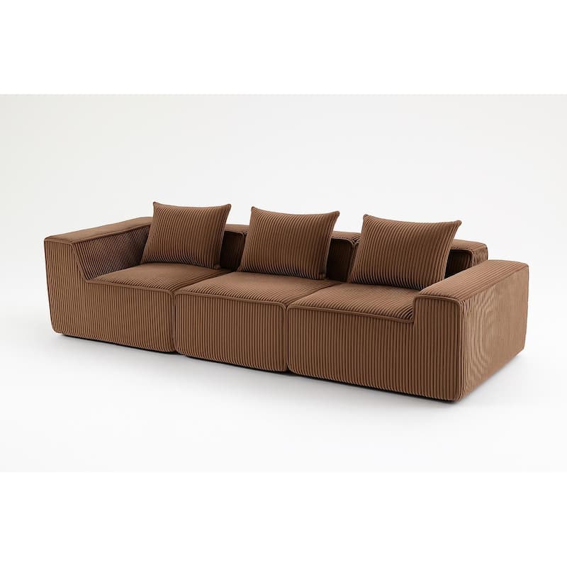 Modular Sectional Sofa with Pillows, Corduroy Upholstered 3-Seater Sofa, All-Compressed Foam Sofa for Living Room, Apartment