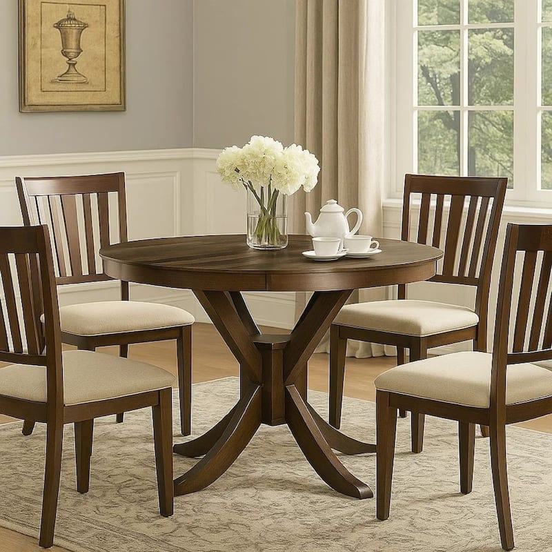 Mexo Dining Table, 53 Inch Round, Walnut Brown Pedestal Base - Walnut Brown