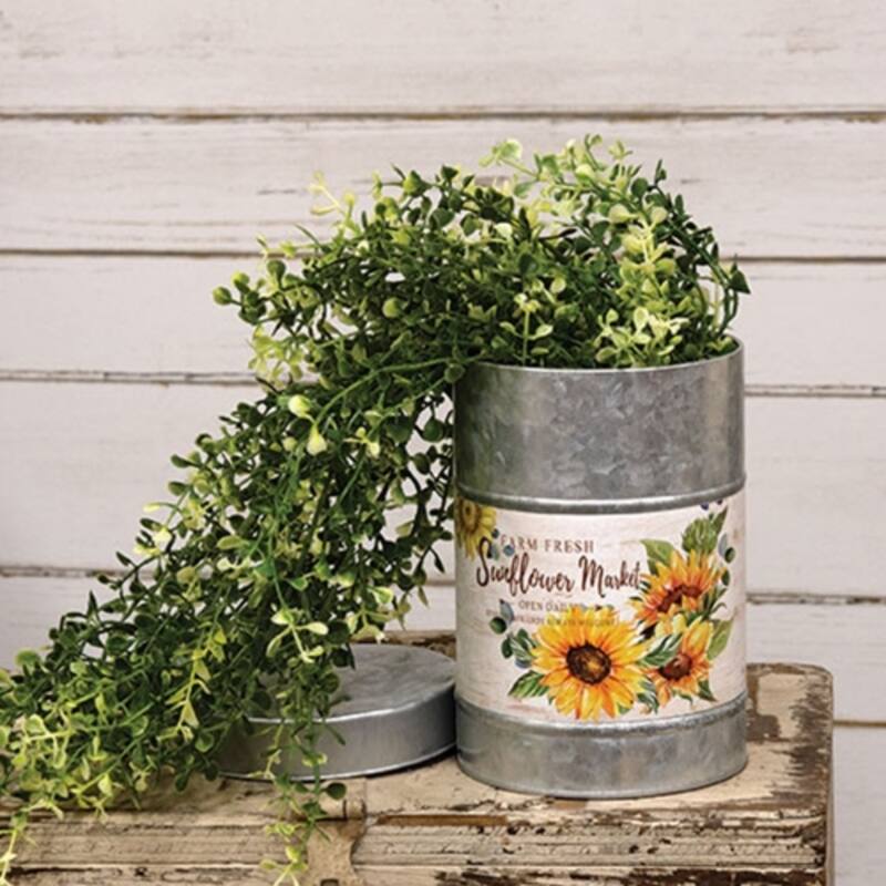 7-Inch Decorative Metal Canister with Farm Fresh Sunflower Design and Galvanized Finish Lid - 7" H x 4.75" Dia