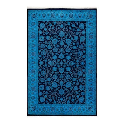 Overton Hand Knotted Wool Vintage Inspired Modern Contemporary Overdyed Blue Area Rug - 4' 1" x 6' 3"